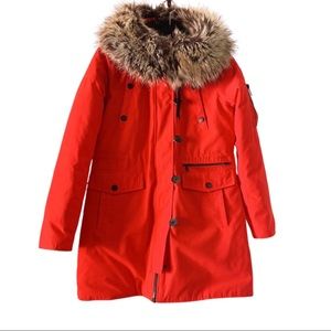 BCBG Red Faux Fur snap front Hooded Snorkel Parka